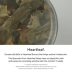 Glass container with heartleaf extract and text about its benefits.