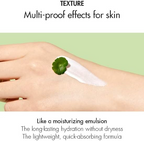 hand with Dr.Ceuracle Cica Regen Waterproof Sun product swatch and a leaf