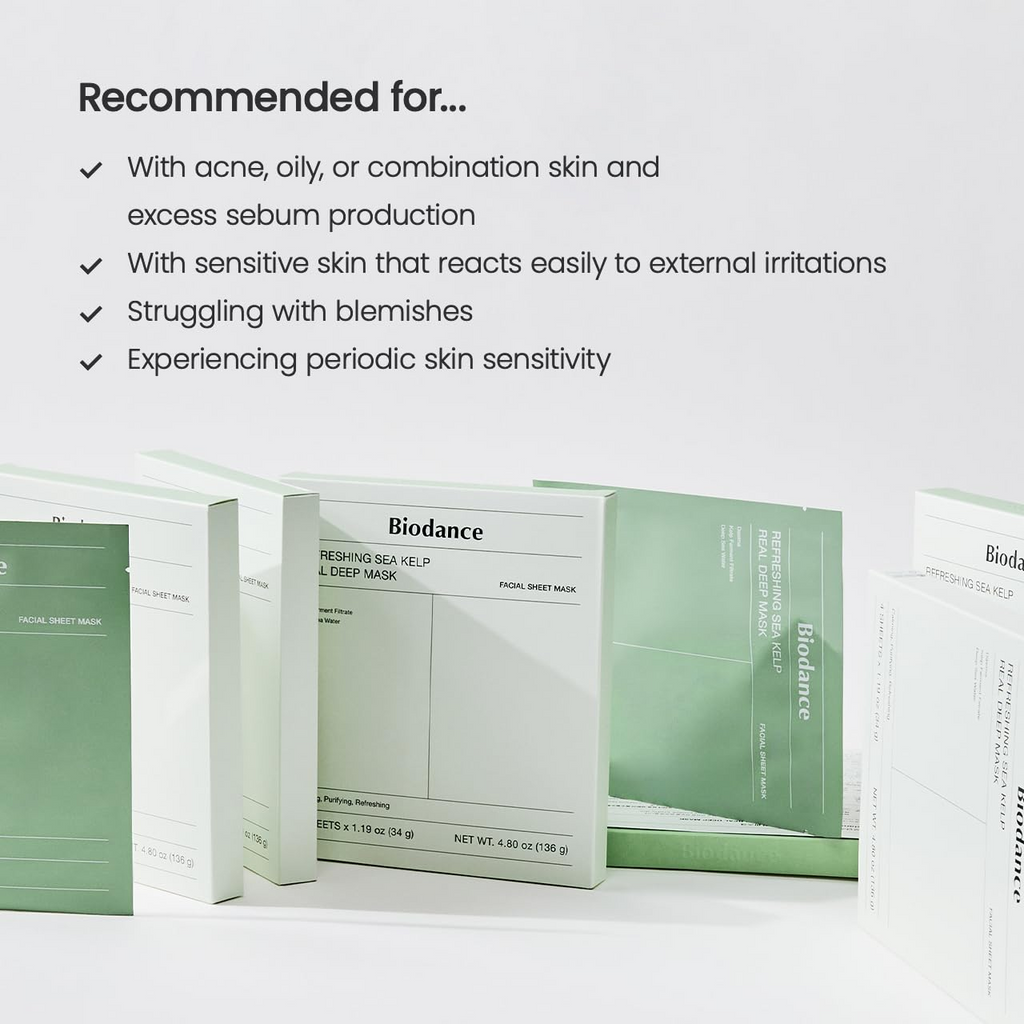 a bunch of BIODANCE Refreshing Sea kelp Real Deep Mask 1.19oz(34g) x 4ea arranged side-by-side