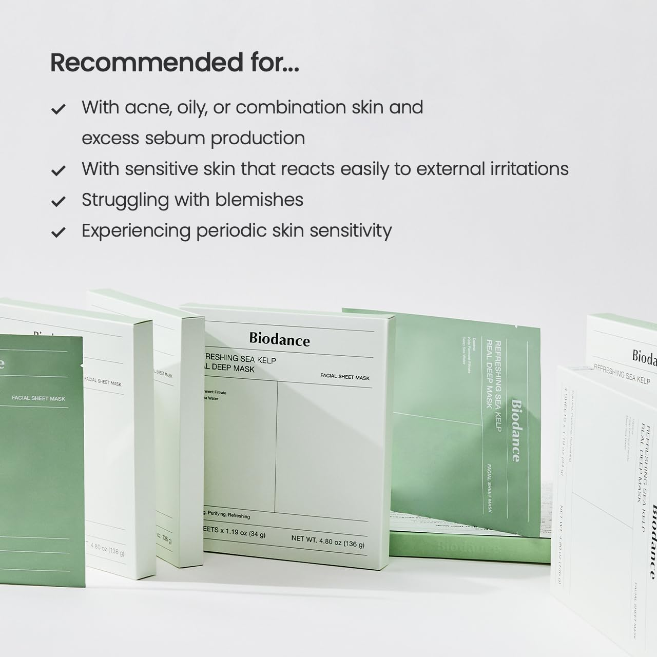 a bunch of BIODANCE Refreshing Sea kelp Real Deep Mask 1.19oz(34g) x 4ea arranged side-by-side