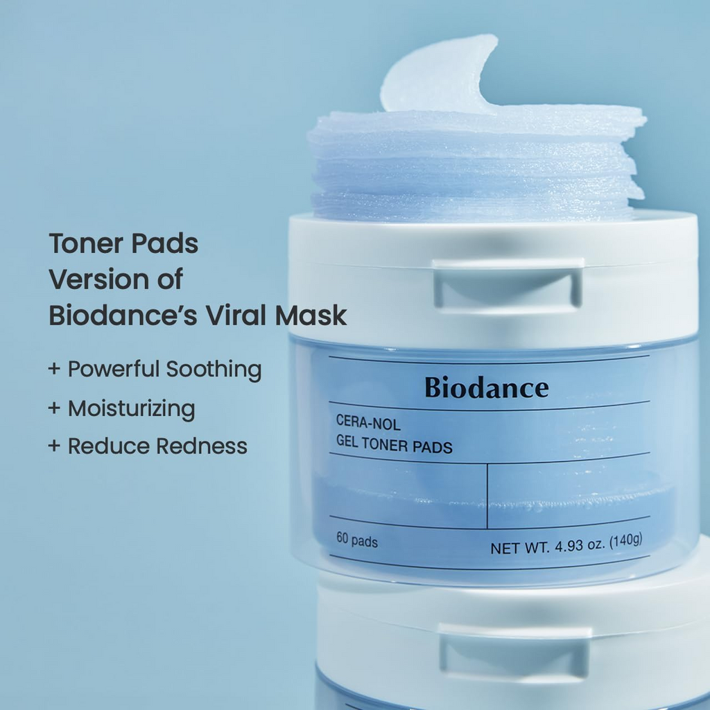 a stack of BIODANCE Cera-nol Gel Toner Pads (60 Pads/140g) placed on top of the container
