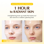Before and after application of a brightening tone-up mask on a woman's face