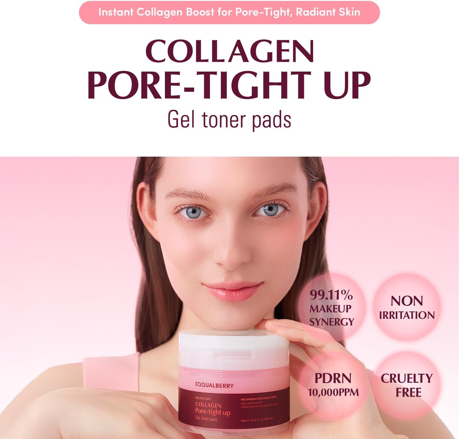 woman holding EQQUALBERRY Collagen Pore-Tight Up Gel Toner Pad jar 