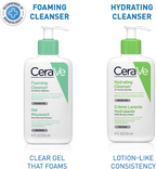Two CeraVe cleanser bottles, one foaming and one hydrating