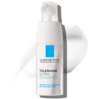 LA ROCHE-POSAY Toleriane Dermallergo Eye Cream with product swatch in the background