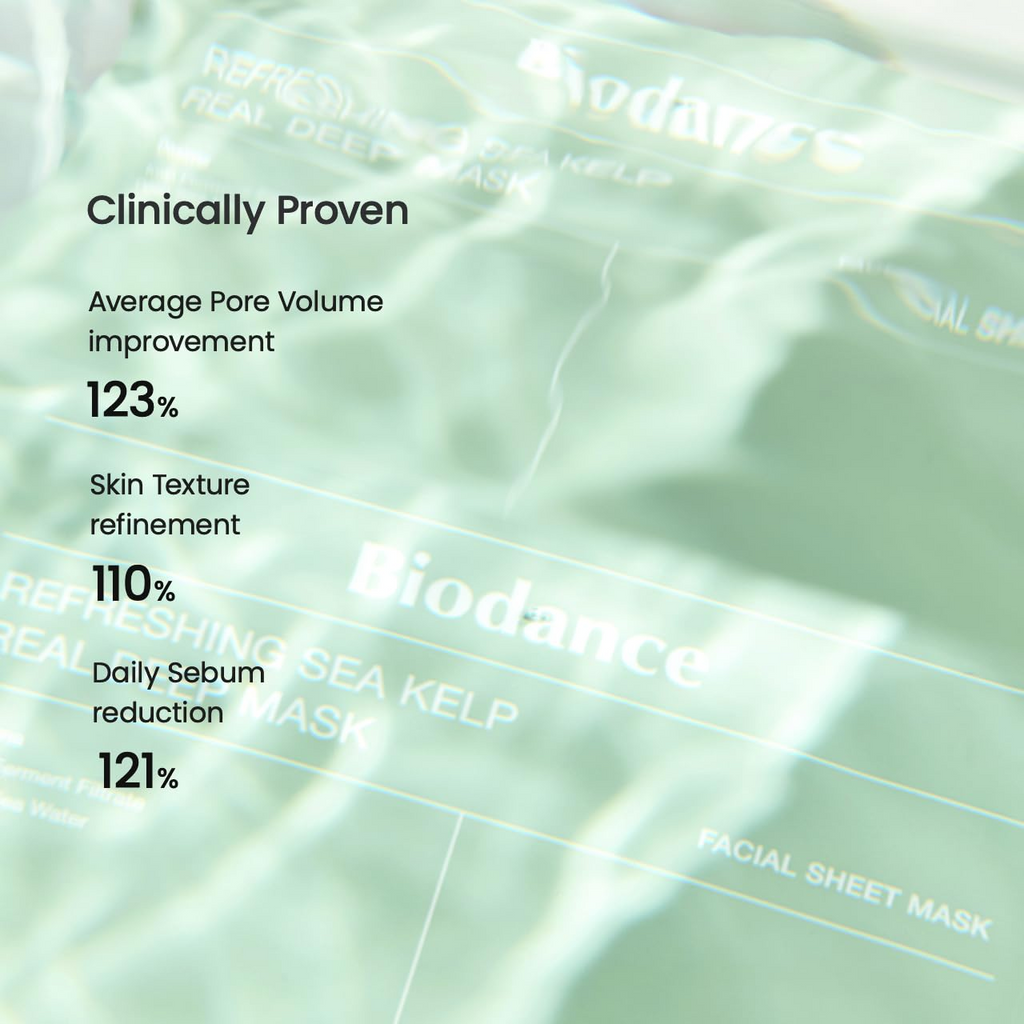 biodance refreshing sea kelp real deep face mask benefits: pore volume improvement, skin texture refinement and daily sebum reduction