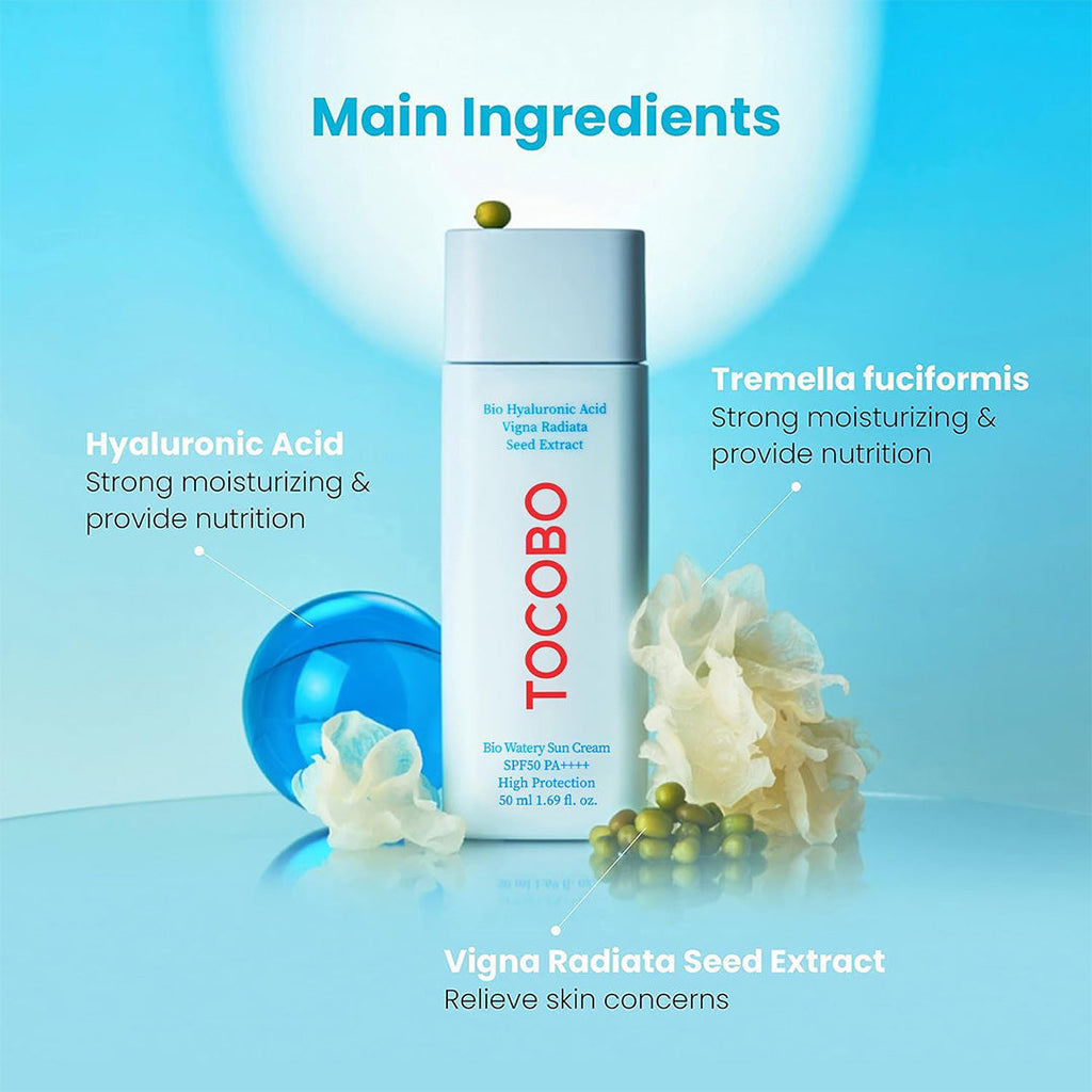 TOCOBO Bio Watery Sun Cream bottle with vigna radiata seed on top 