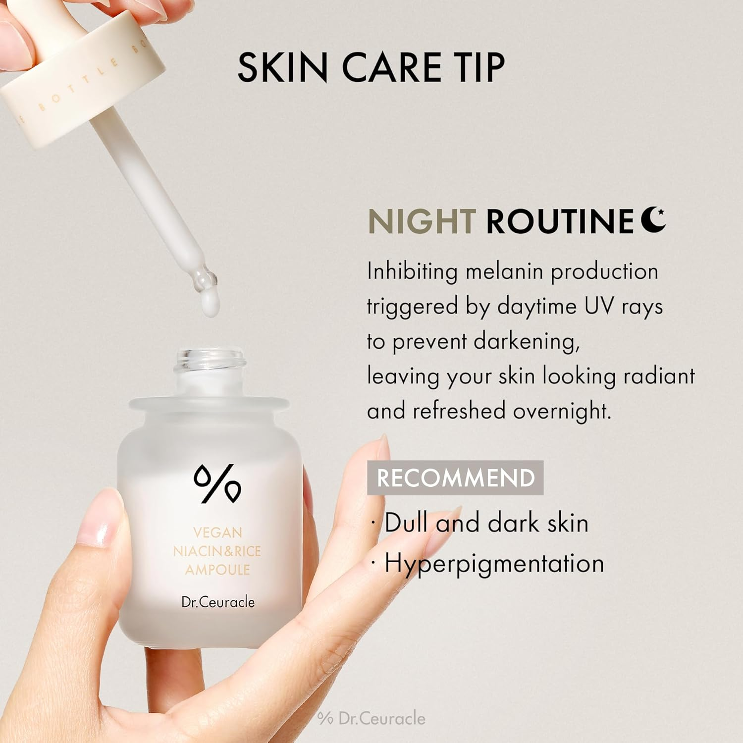 hand holding an open bottle of Dr.Ceuracle Vegan Niacin & Rice Ampoule