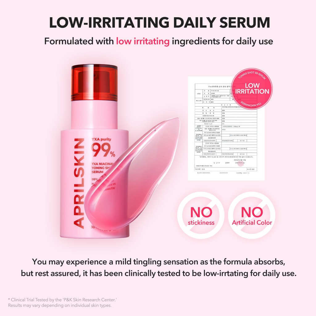 APRILSKIN TXA Niacinamide Toning Serum bottle with product swatch