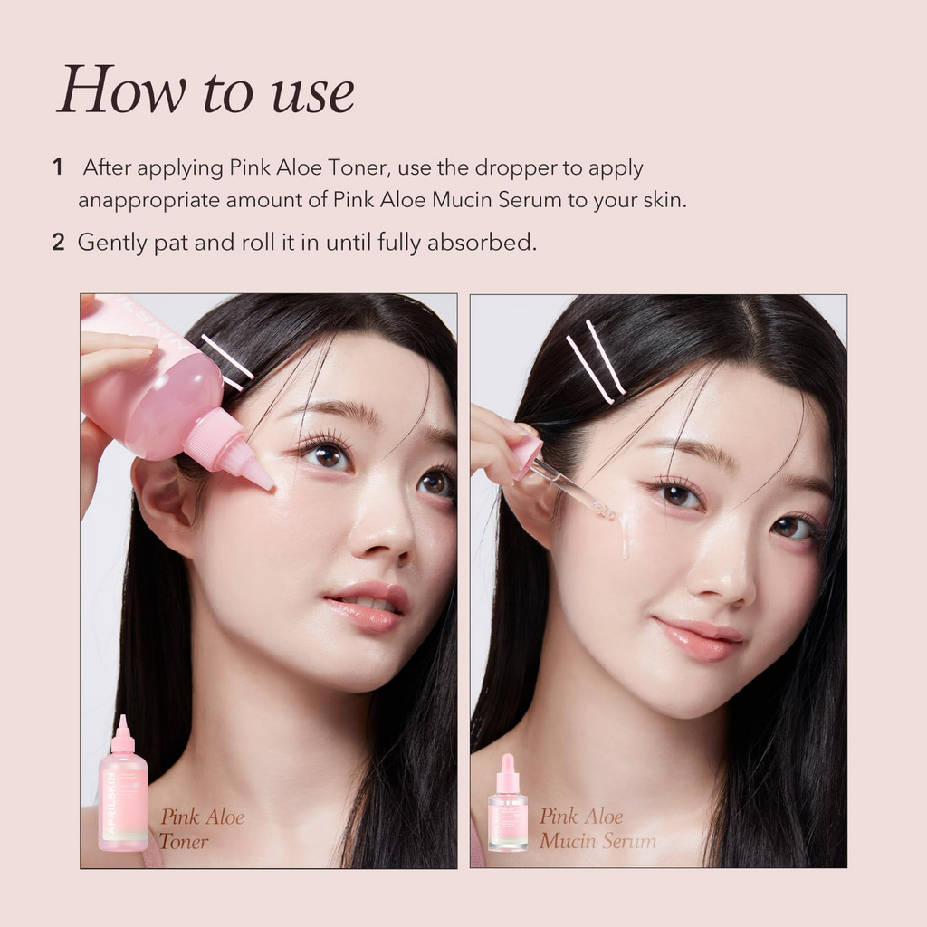 woman applying APRILSKIN Pink Aloe Mucin Serum on her face
