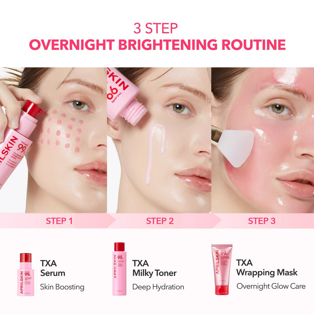 Woman applying APRILSKIN TXA serum, toner and wrapping mask products on her face.