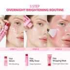 Woman applying APRILSKIN TXA serum, toner and wrapping mask products on her face.