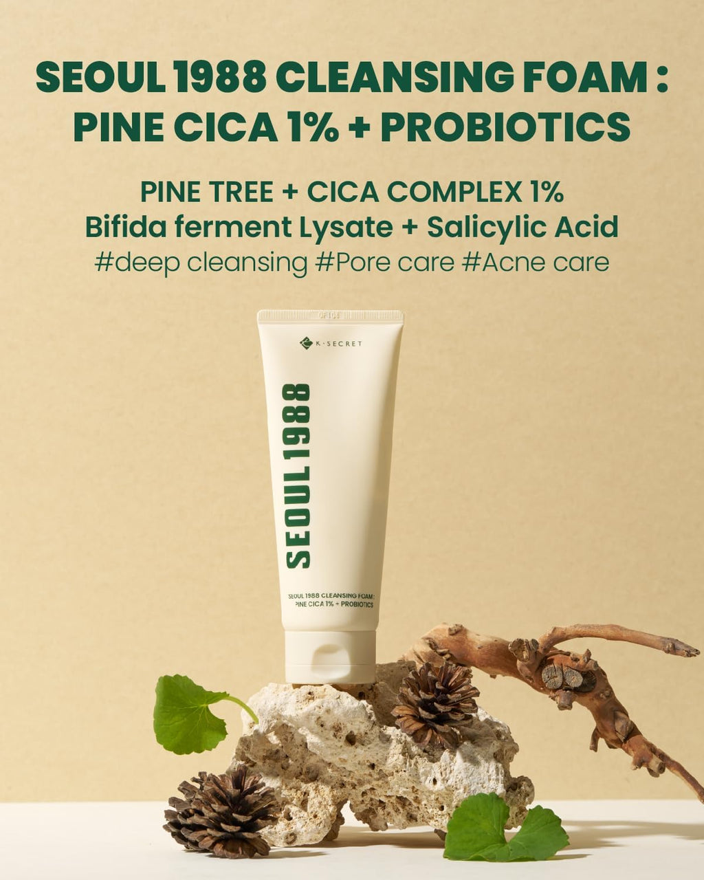 K-SECRET Cleansing Foam, Seoul 1988, Pine Cica 1%, Probiotics, 150ml