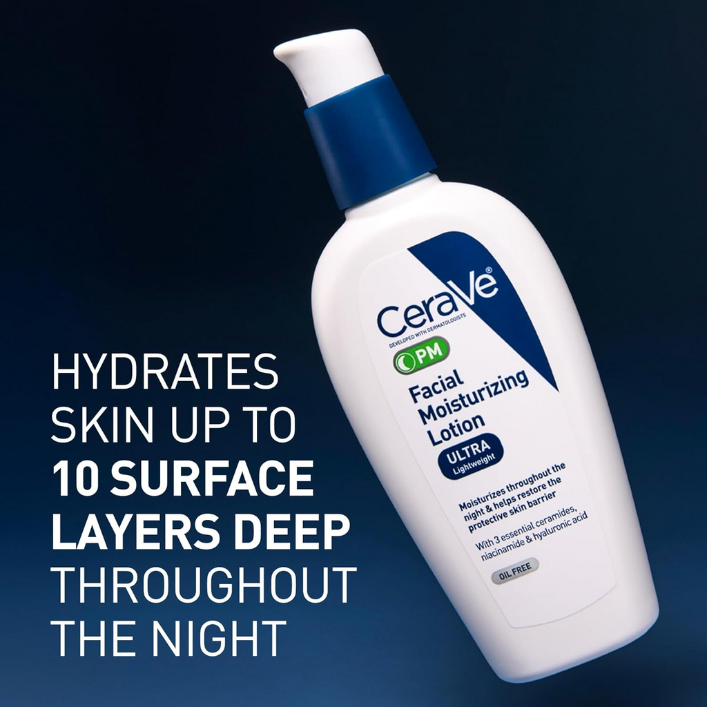 CeraVe PM Facial Moisturizing Lotion 89ml bottle with blue background