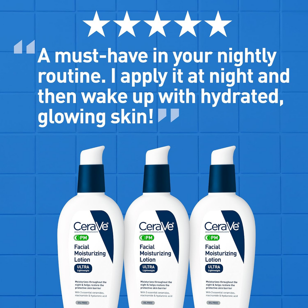 CeraVe PM Facial Moisturizing Lotion bottles with a blue background 