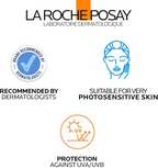 infographics with dermatologists recommended, photosensitive skin suitability and protection against UVA/UVB
