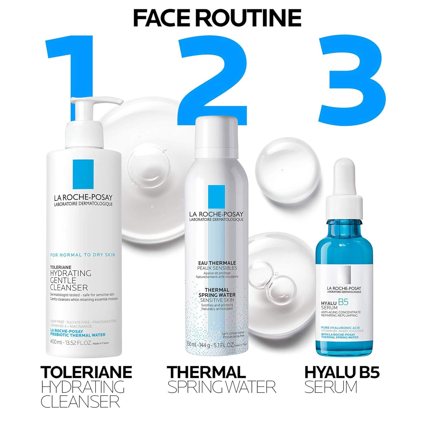 LA ROCHE-POSAY Thermal Spring Water 150 g products placed in sequence for face routine