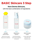 TOCOBO AHA BHA Lemon Facial Toner 150 mL, bifida biome essence and multi ceramide cream products placed in line