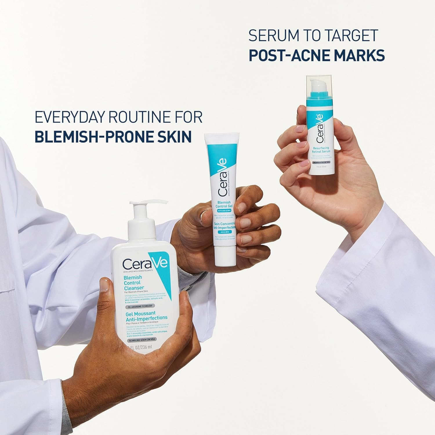 people holding three CeraVe skincare products
