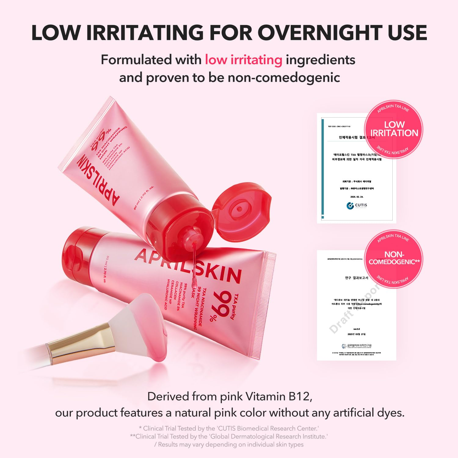 two tubes of APRILSKIN TXA Niacinamide 99 Overnight Wrapping Mask with brush