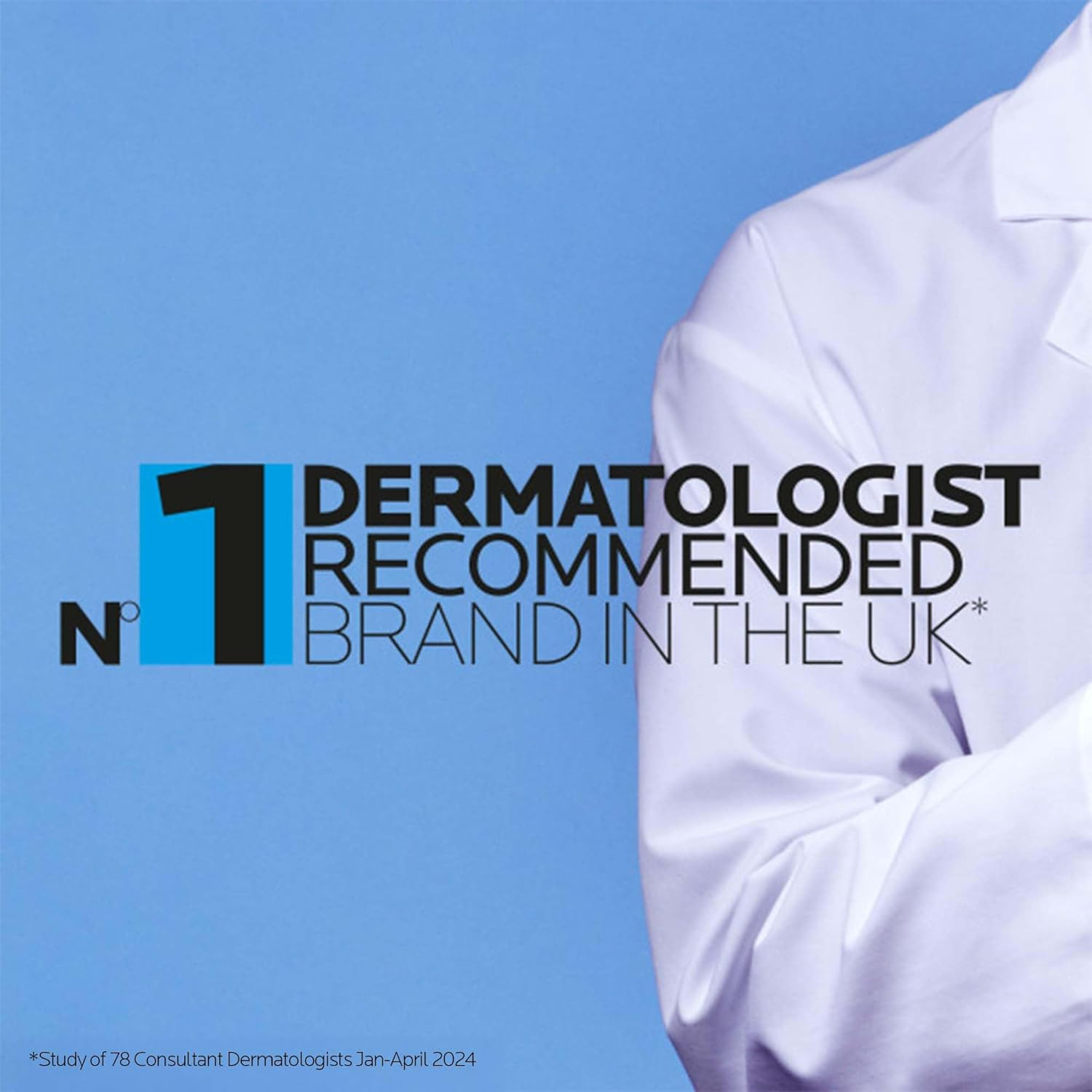 text written 'No. 1 Dermatologist Recommended Brand in the UK' on blue background