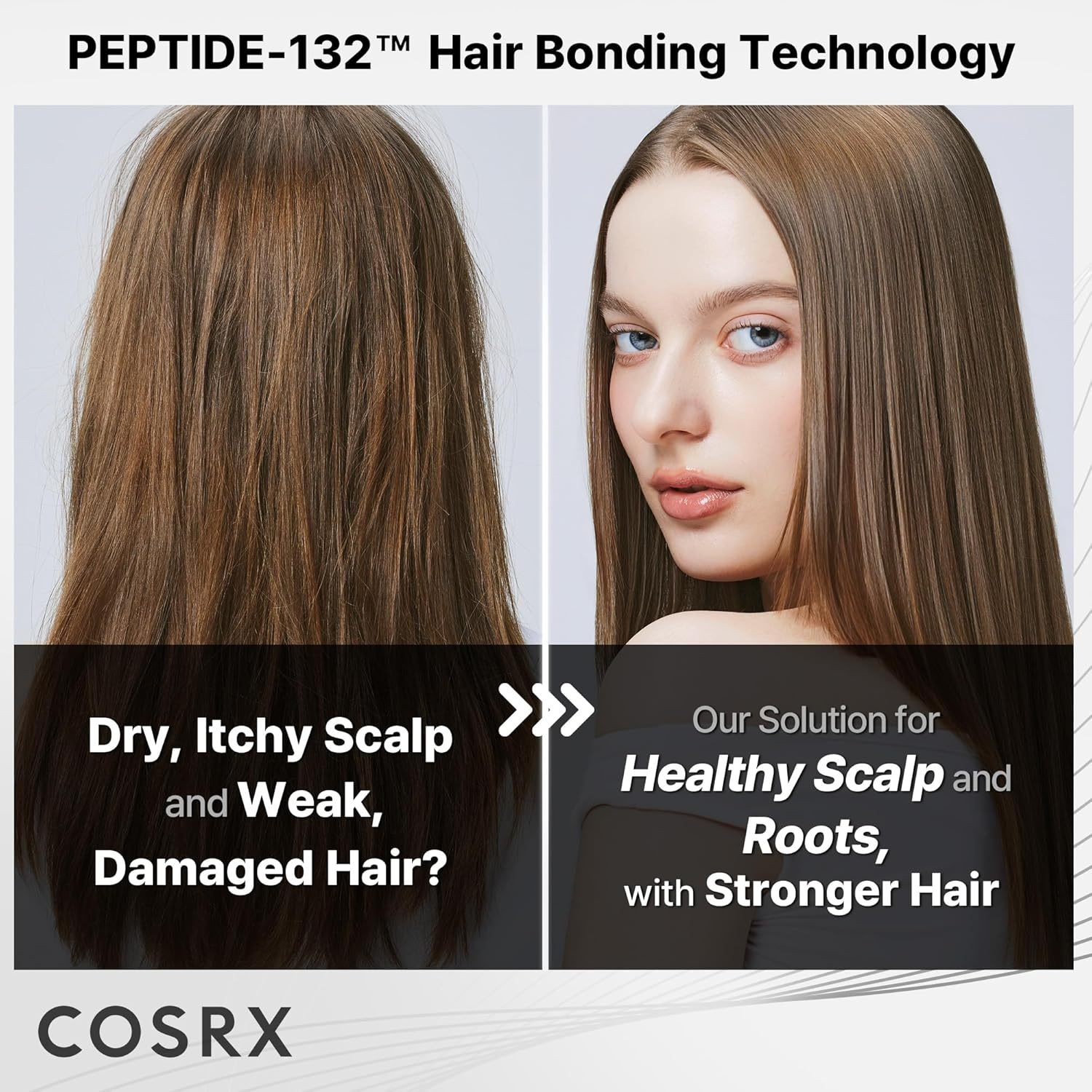 side-by-side comparison of damaged hair and healthy hair