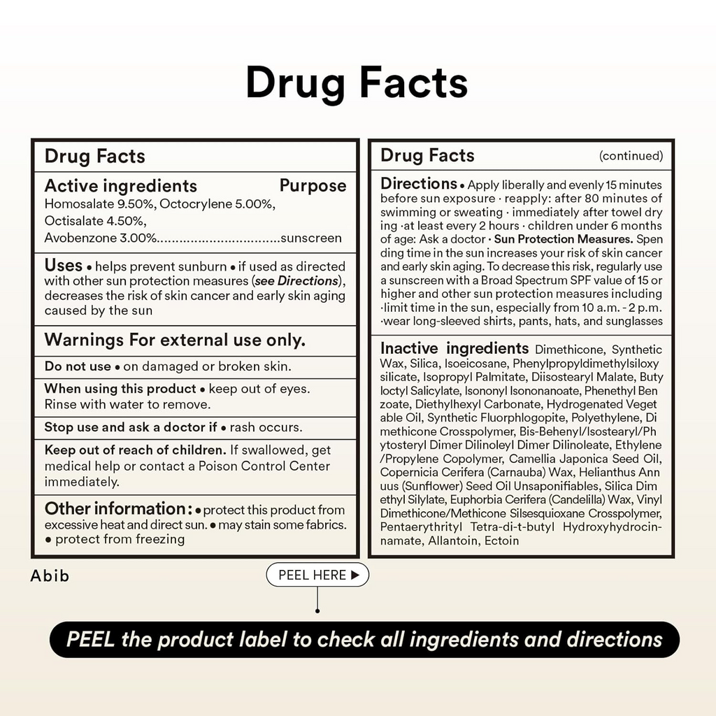 drug facts of Abib Airy Sunstick Smoothing Bar written 
