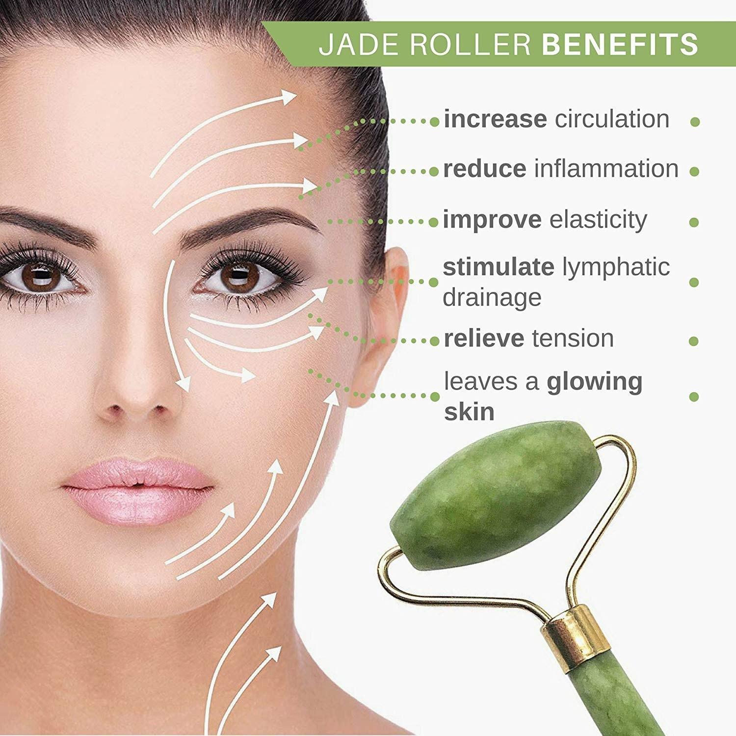 face of a woman and Jade Roller Facial Tool on its side